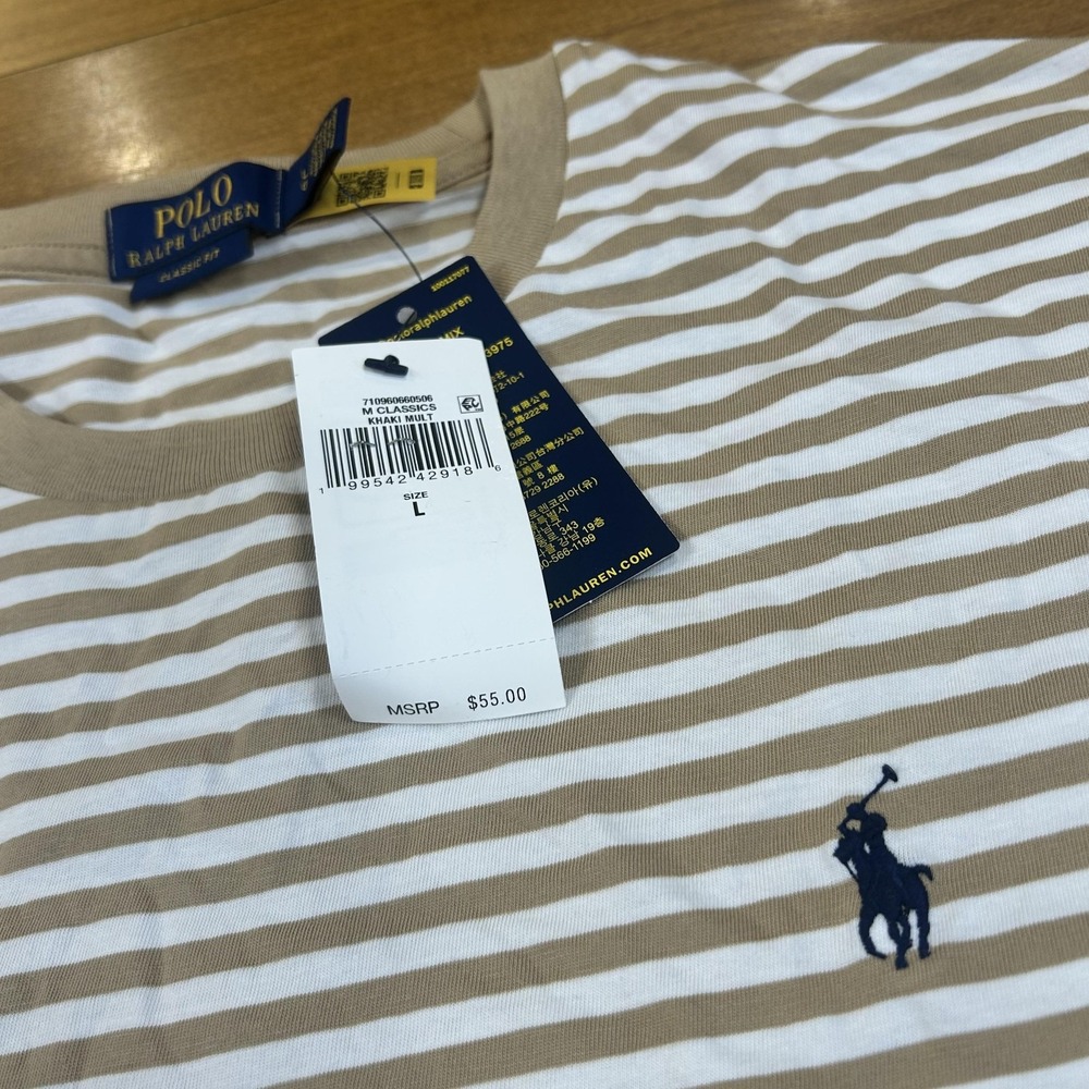 Polo Ralph Lauren Shirt Mens L Beige Classic Fit Striped Logo T-Shirt NEW
